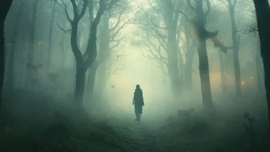 Rüyada ormanda kaybolmuş bir insan ve etrafındaki vahşi hayvanlar. Rüya yorumu temalı görsel.